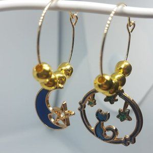 Kawaii Handmade Earrings - Cat and Moon Earrings - Hoop Earrings